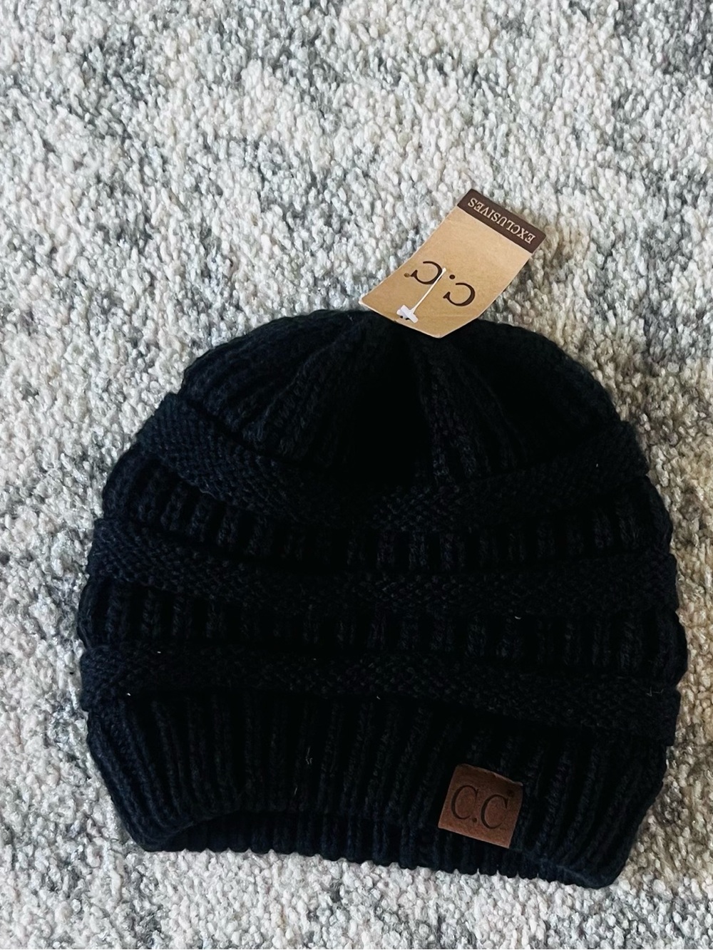 C.C Kids Black Ribbed Knit Beanie with Logo Patch